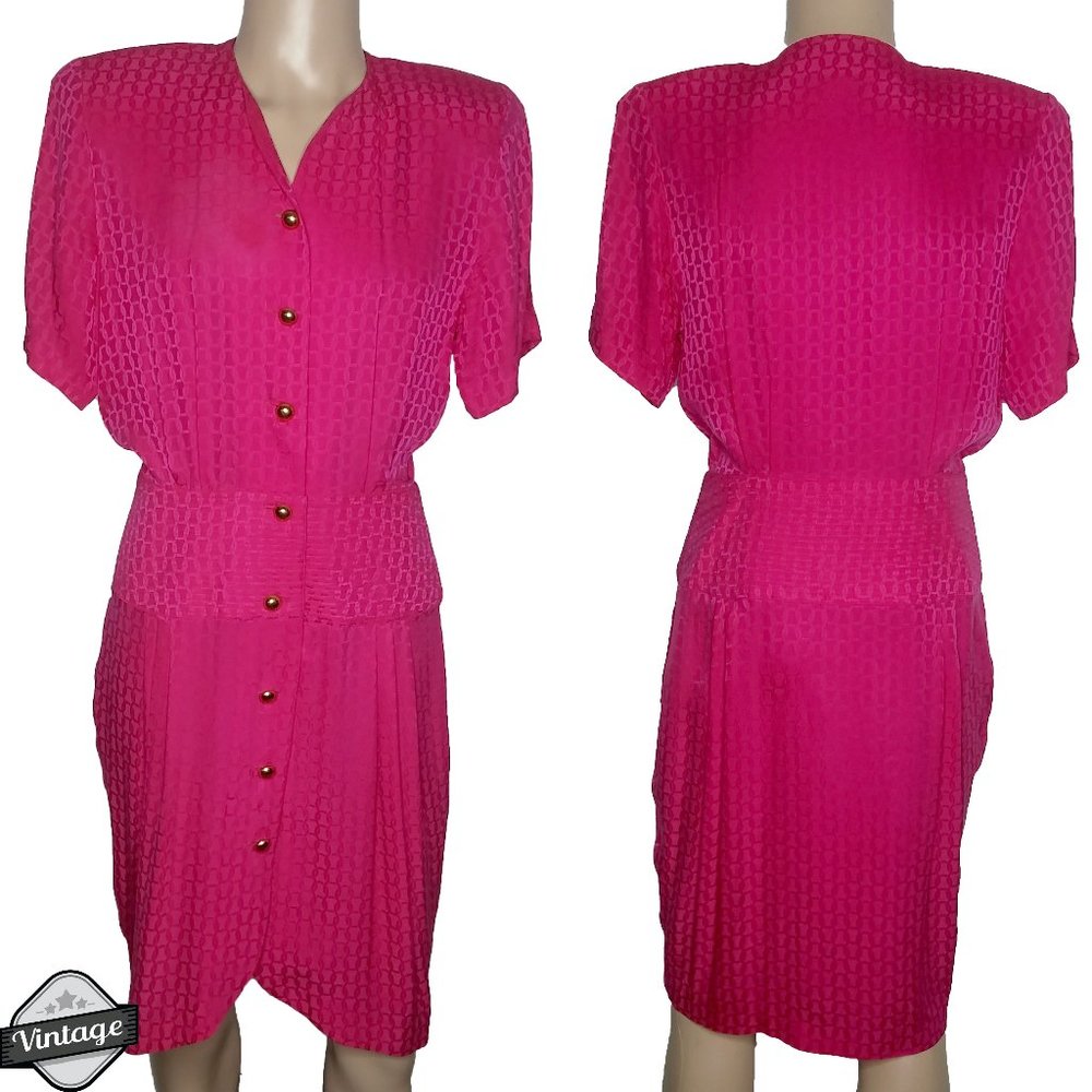 Vintage 80s Argenti Silk Hot Pink Dress Sz 12